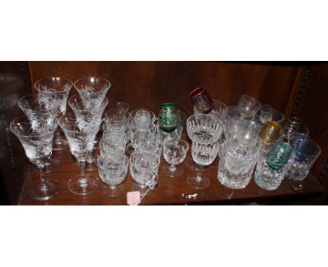 A set of six Royal Brierley wine glasses, decorated fuchsia flower, a set of eleven glass punch cups, whisky tumblers, etc 
