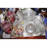 A pair of cranberry glass bowls, in painted frame, a ship's decanter with silver wine label engraved