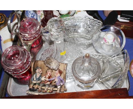 A pair of cranberry glass bowls, in painted frame, a ship's decanter with silver wine label engraved inscription and assorted