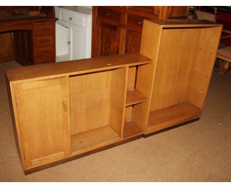 A two-section light oak bookcase and a shallow open shelf bookcase, 41" wide 