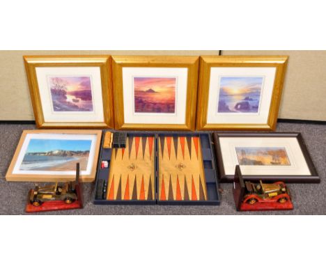 A group of pictures, car bookends and backgammon set