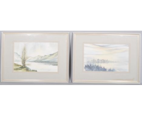 R. Campbell, 20th century, Two mountainous lakeside landscapes, watercolour, both signed lower right, mounted and framed, 52c