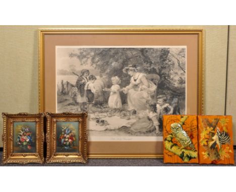 A 19th century portrait print along with two paint lacquered pin plaques and two prints within gilt frames. Largest measures;
