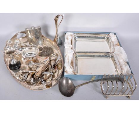 A collection of silver plate and stainless steel to include; a pierced oval tray, a toast rack, egg cups, trophy, hip flask, 