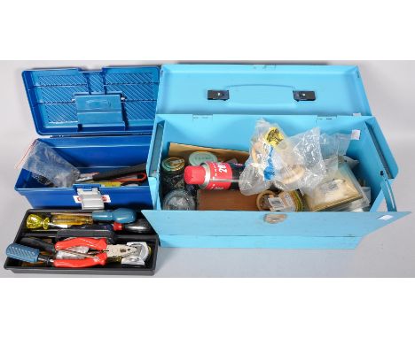 Two toolboxes with associated tools and other items
