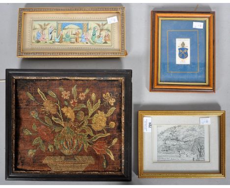 A Persian miniature, a pen and ink sketch, single framed cigarette card and embroidery