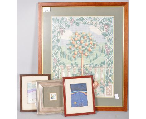 A woolwork tapestry picture of an orange tree together with two 'Night and Day' emborideries and a needlework with initial F