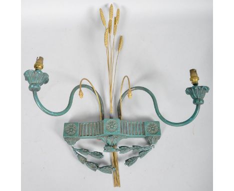 A 20th century wheatsheaf painted and gilded double wall light bracket having 'S' shaped sweeping arms.