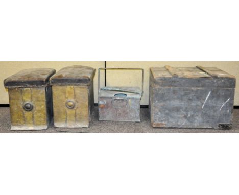 Rezin topped coal boxes with a wooden trunk and copper pan