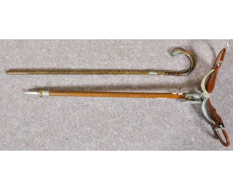 A silver mounted cane and a shooting stick