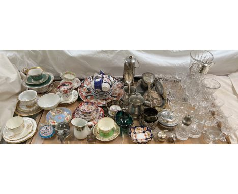 A claret jug together with drinking glasses, part dressing table set, pewter tankards, miners lamp, Japanese Imari pattern ch