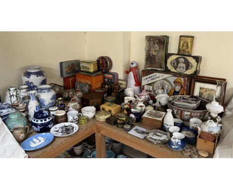 A Spode blue and white pottery vase together with other pottery, oil lamps, tins, painted eggs, etc 