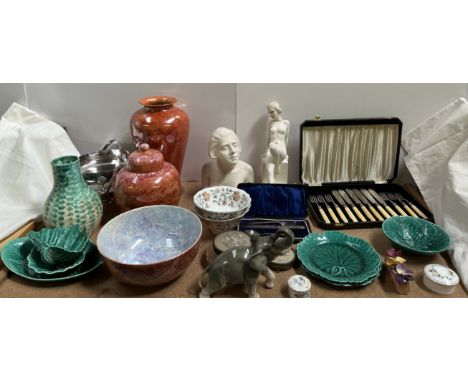 A head and shoulder portrait bust of a lady, together with wedgwood leaf dishes, assorted pottery, epns etc