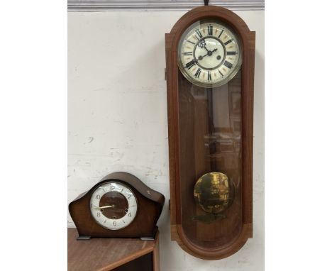A mahogany wall clock with a circular dial and Arabic numerals together with Smiths mantle clock 