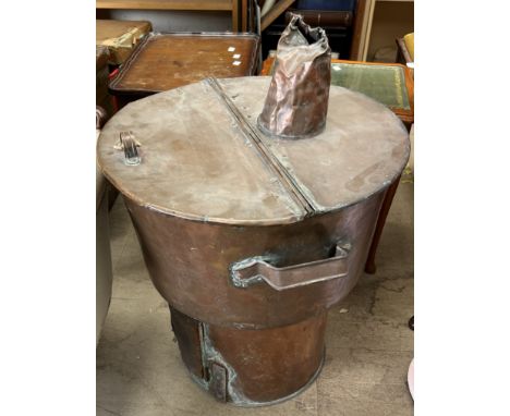 A large copper boiler, approximately 56cm diameter, hight to lid approximately 60cm and to top of pipe 80cm