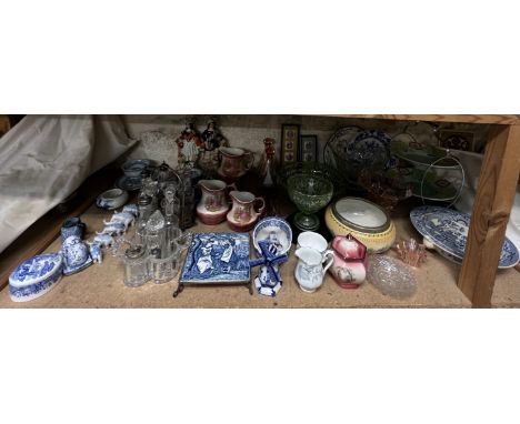 An electroplated six bottle cruet together with glass;ass bowls, cake stand, a Wedgwood blue and white tile for "May", other 