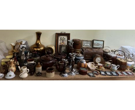 Oak candlesticks together with stoneware bottles, casserole dishes, biscuit barrels, copper lustre, mantle clock etc 
