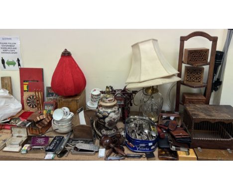 A Waterford crystal table lamp together with a Chinese lamp, a pottery table lamp, electroplated cutlery, bird cage, tie pres