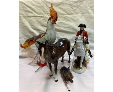 A Murano cockerel together with a Beswick bay horse and foal, and a figure on a horse
