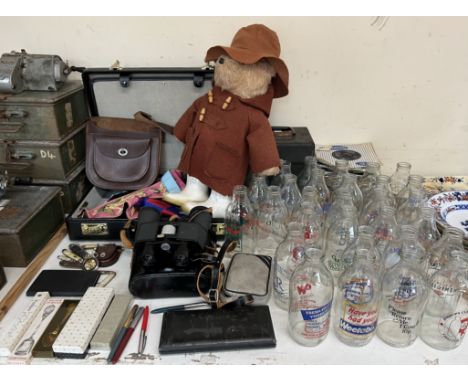 Masonic aprons together with a Paddington Bear teddy, advertising milk bottles, records, pens, pen knives, binoculars etc 