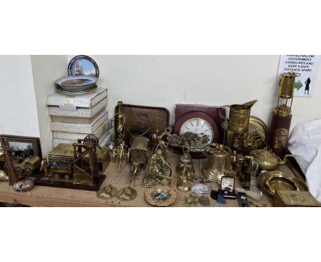 Assorted brasswares including boxes and covers, model steam engines, model pit tower, horse and carriage, blacksmiths, bell, 