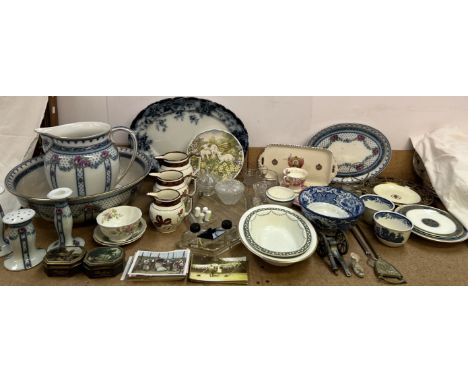A Losol Ware part toilet set together with a blue and white meat plate, graduated jugs, glass dressing table set, postcards, 