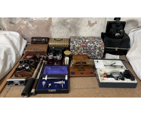 A Polaroid colorpack 82 camera together with assorted opera glasses, telescopes, microscope, jewellery caskets etc 