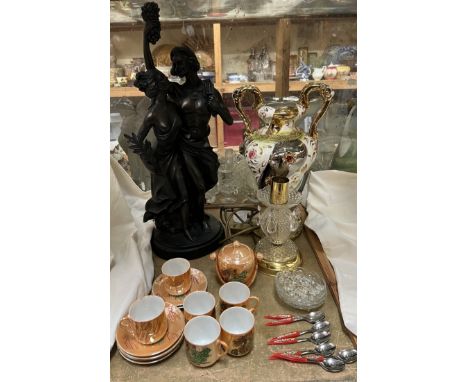 A bronzed figure group of lovers together with a pottery twin handled vase, crystal table lamp, Japanese part coffee set, spo