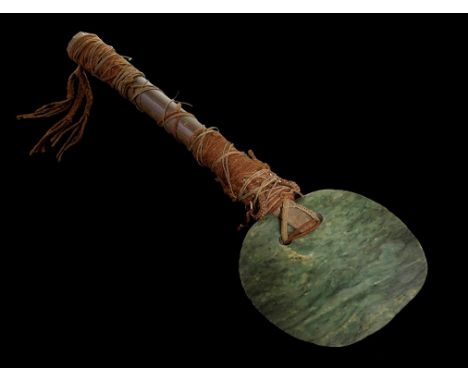 Antique 19th Century Kanakan Greenstone Axe with wooden shaft bound with flying fox hair. Greenstone Axehead 21cm x 18cm. Ove