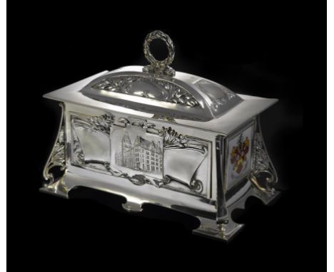 An Art Nouveau silver casket with multi-coloured enamel coats of arms.  Maker - James Dickson and Sons Sheffield 1910. Weight