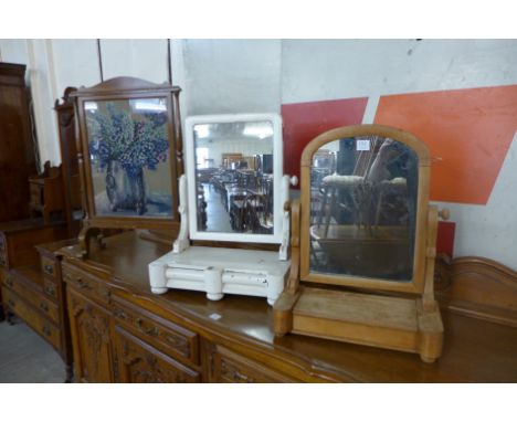 Two Victorian toilet mirrors and an embroidered firescreen