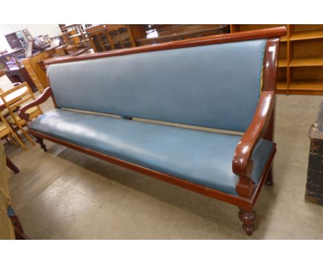 A Victorian mahogany and later upholstered railway bench