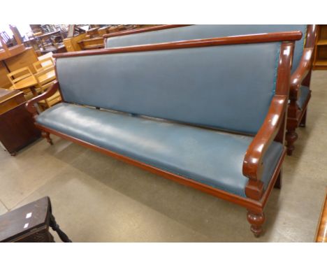 A Victorian mahogany and later upholstered railway bench