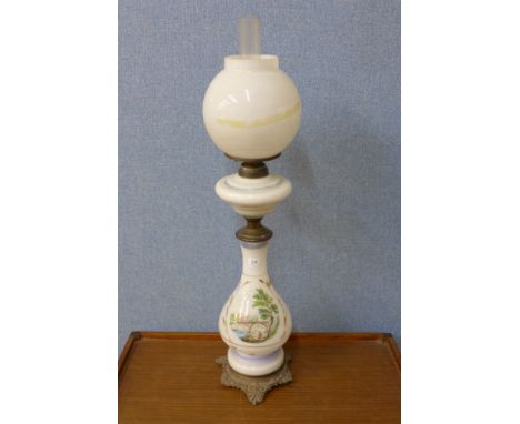 A Victorian painted opaque glass oil lamp, shade a/f