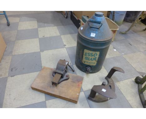 An Esso Blue Paraffin canister, cobblers last and vice