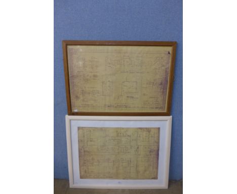 Two steam engine blue prints for the L.M.S.R. Royal Scot, framed and four other unframed prints