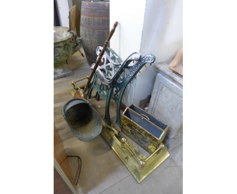 A pair of bench ends and assorted metalware
