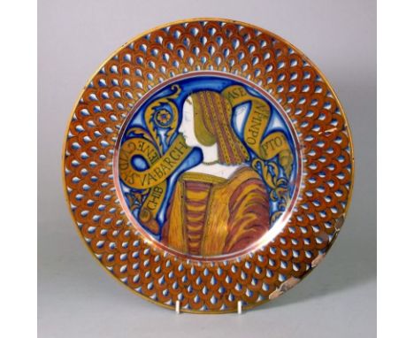 A Cantagalli Istoriato dish: after a 16th century original and of circular form decorated in lustrous colours with a female p