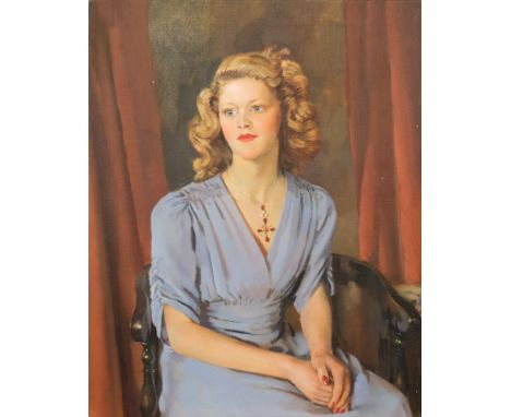 * John Frye Bourne [1912-1991]- Portrait of Diana, half-length seated in blue:-oil on canvas51 x 41cm, unframed, together wit