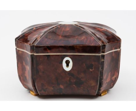A 19th century-style  tortoiseshell tea caddy: of rectangular outline, with recessed canted corners, having a shallow domed h