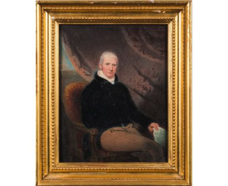 English School Circa 1800-A portrait of a gentleman in an interior:, three-quarter length seated,with short grey hair and ros