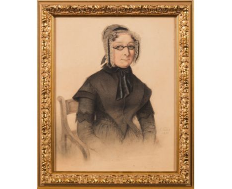 J. Talbot [19th Century]-Portrait of a lady:, half-length seated, wearing a white lace bonnet and spectaclessigned and dated 