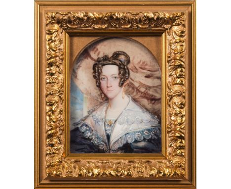 English School early 19th Century-A miniature portrait of a young lady:, head and shoulders, in an interior, with dark ringle