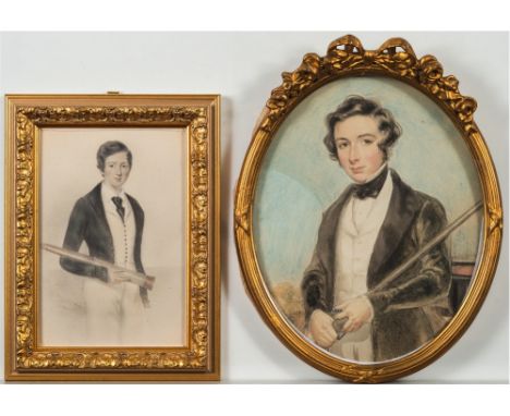 English School early 19th Century-A portrait of a midshipman:,three-quarter length standing and holding a telescopewatercolou