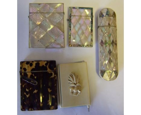 A collection of four Victorian card cases: and a mother of pearl spectacle case.