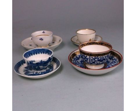 A First Period Worcester miniature teabowl and saucer together with a Caughley example and two others: the former printed in 
