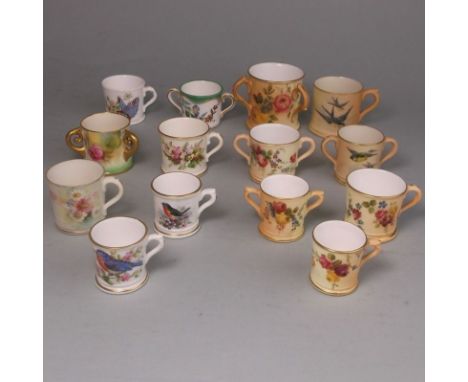 Fourteen Royal Worcester porcelain small and miniature mugs, loving cups and tygs: comprising seven with flower or bird decor