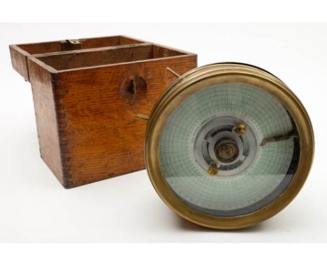 A brass plated circular cased pigeon racing clock:, numbered 26742, in an oak case, 17cm diameter.