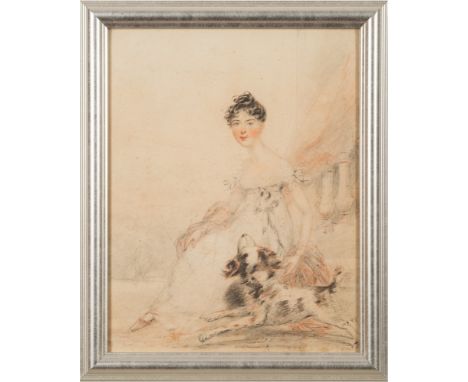 Benjamin Burnell [1769-1828]-A portrait of a young lady:,full-length seated on steps with pet houndpencil and pastel drawings