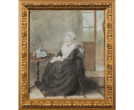 French School late 18th Century-A portrait of Madame Perdnaix:, full-length seated in an interior, wearing a white muslin cap